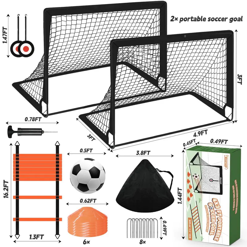 Children'S Portable Football Goals Set (2-Pack, 4X3Ft) - Foldable 450D Thick Oxfords Fabric Soccer Training Kit with Adjustable Agility Ladder, Soccer Ball, 6 Cones, Easy Assembly, Carry-Bag Ready, Skill-Enhancing