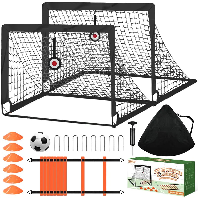 Children'S Portable Football Goals Set (2-Pack, 4X3Ft) - Foldable 450D Thick Oxfords Fabric Soccer Training Kit with Adjustable Agility Ladder, Soccer Ball, 6 Cones, Easy Assembly, Carry-Bag Ready, Skill-Enhancing