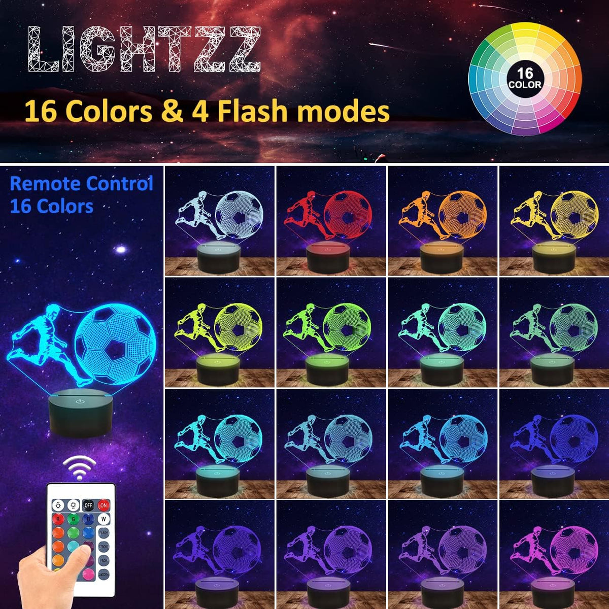 Soccer Night Light Gifts for Boys Girls, Soccer Light 3D Illusion Lamp Futbol with 16 Colors, Flashing Changing for Kids 8-12 Birthday Christmas Ornament Gifts Bedroom Decor